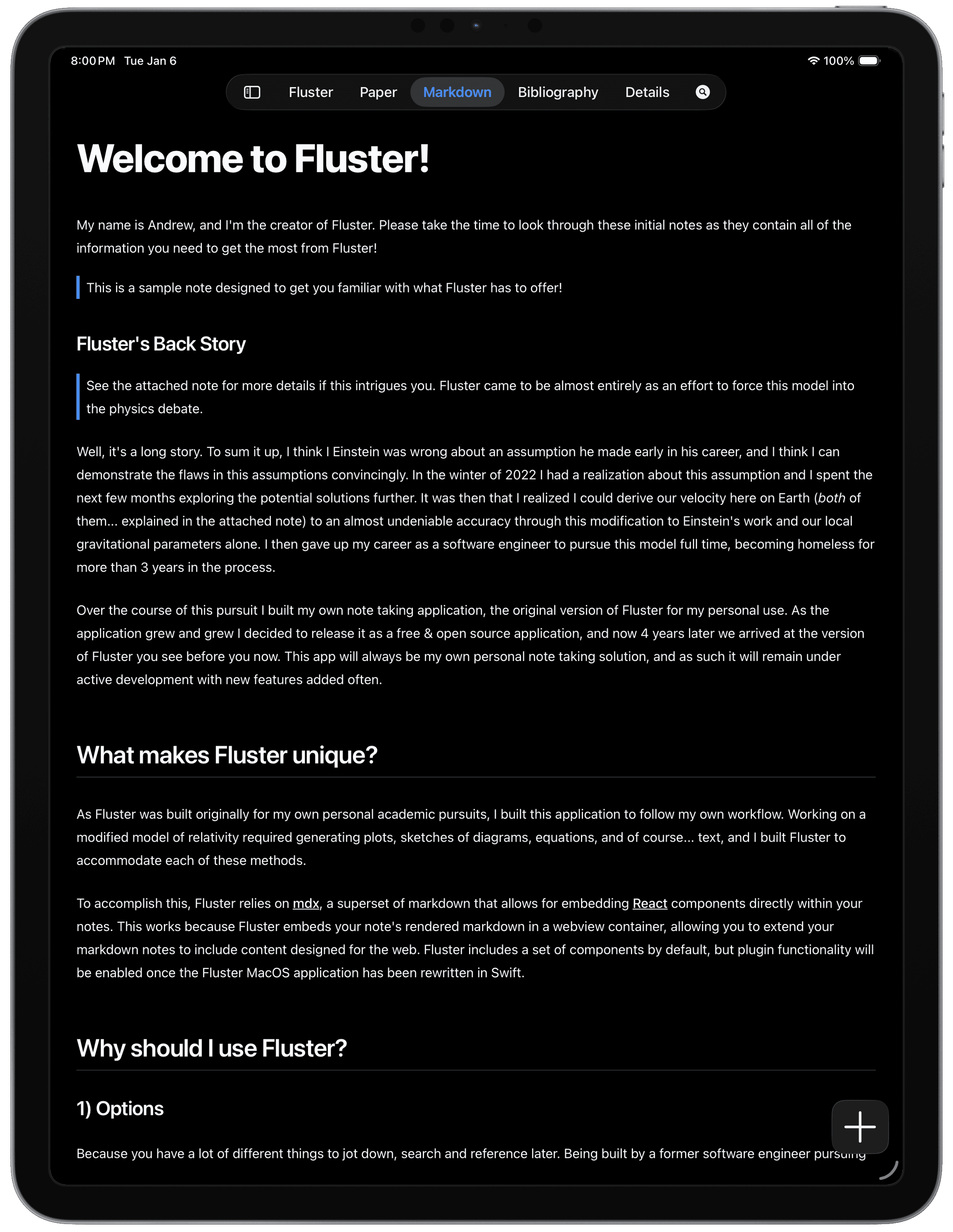 The iPad application can enter a reading view for study sessions and reviewing your notes.